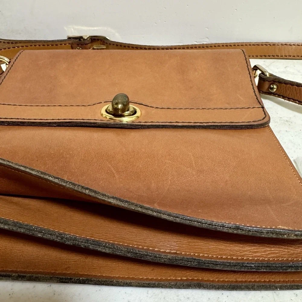 Vintage Tan Leather Crossbody Bag Turn Lock Flap Messenger Bag Brown
